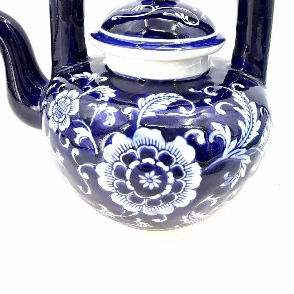 Mandarin Style Cobalt Blue White Floral Lidded Porcelain Teapot